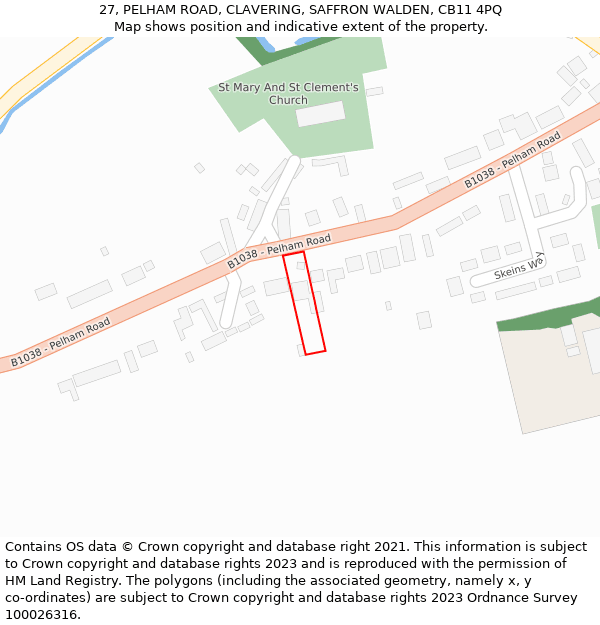 27, PELHAM ROAD, CLAVERING, SAFFRON WALDEN, CB11 4PQ: Location map and indicative extent of plot