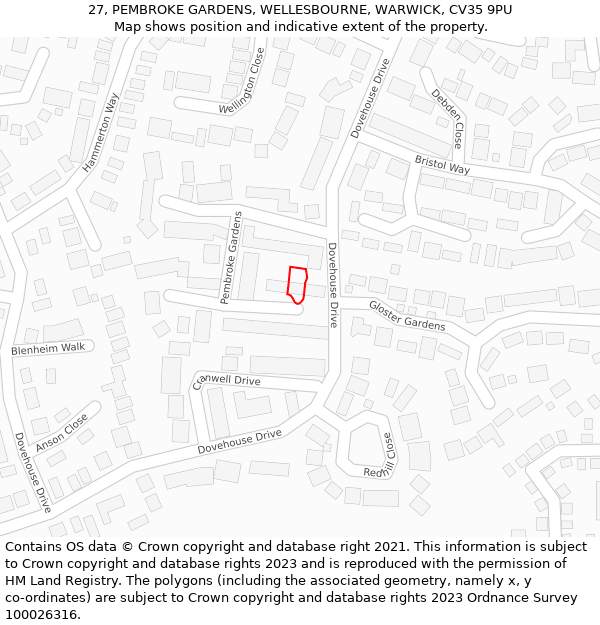 27, PEMBROKE GARDENS, WELLESBOURNE, WARWICK, CV35 9PU: Location map and indicative extent of plot