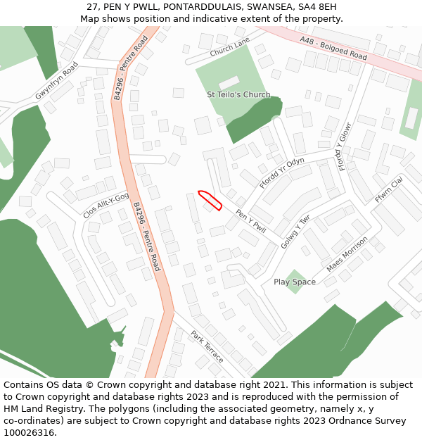 27, PEN Y PWLL, PONTARDDULAIS, SWANSEA, SA4 8EH: Location map and indicative extent of plot