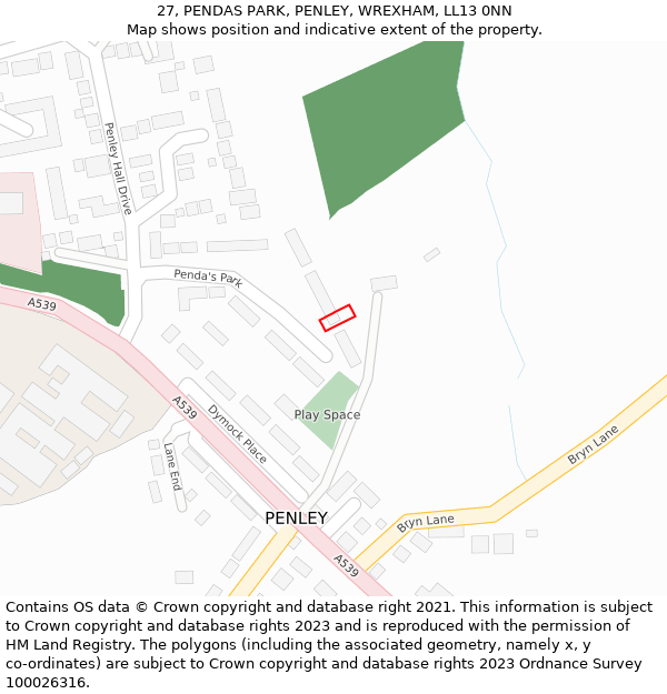 27, PENDAS PARK, PENLEY, WREXHAM, LL13 0NN: Location map and indicative extent of plot