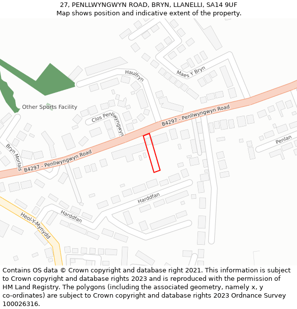 27, PENLLWYNGWYN ROAD, BRYN, LLANELLI, SA14 9UF: Location map and indicative extent of plot