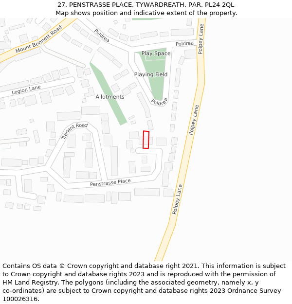 27, PENSTRASSE PLACE, TYWARDREATH, PAR, PL24 2QL: Location map and indicative extent of plot