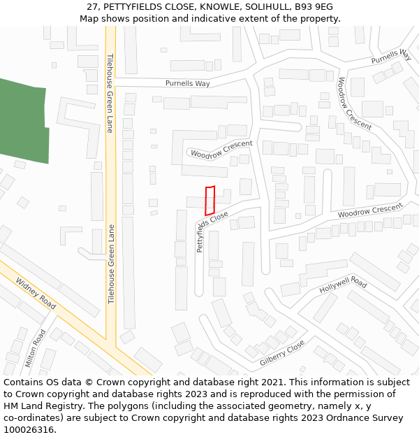 27, PETTYFIELDS CLOSE, KNOWLE, SOLIHULL, B93 9EG: Location map and indicative extent of plot