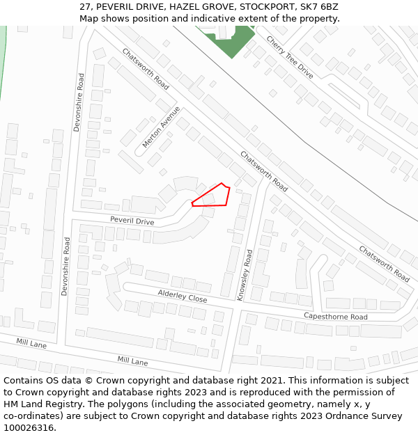 27, PEVERIL DRIVE, HAZEL GROVE, STOCKPORT, SK7 6BZ: Location map and indicative extent of plot