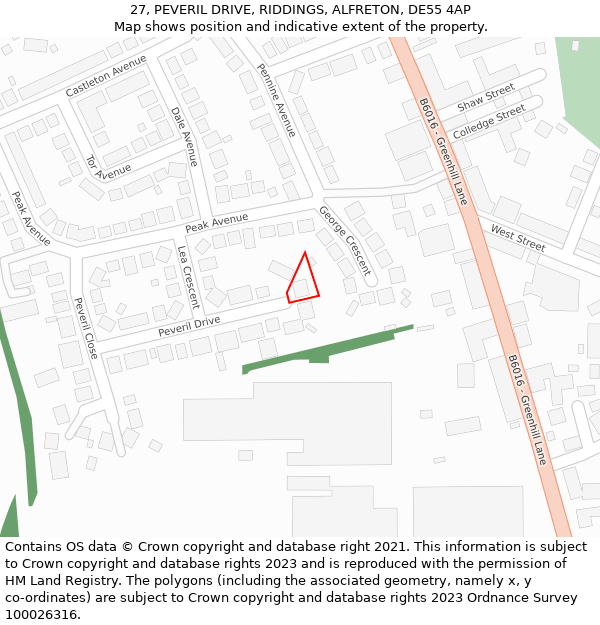 27, PEVERIL DRIVE, RIDDINGS, ALFRETON, DE55 4AP: Location map and indicative extent of plot