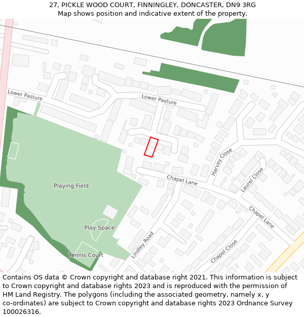 27, PICKLE WOOD COURT, FINNINGLEY, DONCASTER, DN9 3RG: Location map and indicative extent of plot