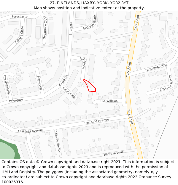 27, PINELANDS, HAXBY, YORK, YO32 3YT: Location map and indicative extent of plot