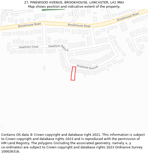 27, PINEWOOD AVENUE, BROOKHOUSE, LANCASTER, LA2 9NU: Location map and indicative extent of plot