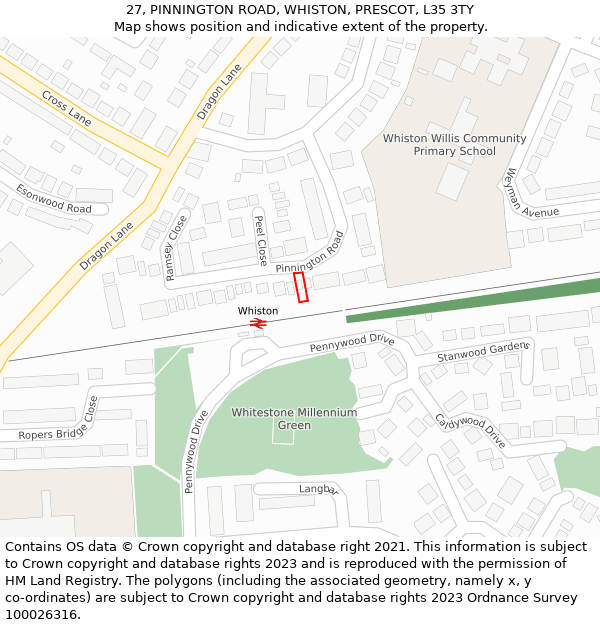 27, PINNINGTON ROAD, WHISTON, PRESCOT, L35 3TY: Location map and indicative extent of plot