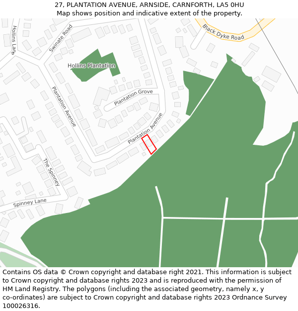 27, PLANTATION AVENUE, ARNSIDE, CARNFORTH, LA5 0HU: Location map and indicative extent of plot