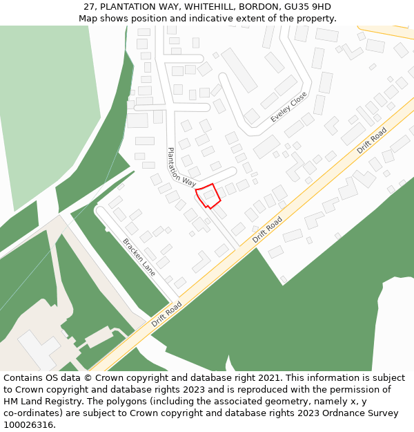 27, PLANTATION WAY, WHITEHILL, BORDON, GU35 9HD: Location map and indicative extent of plot