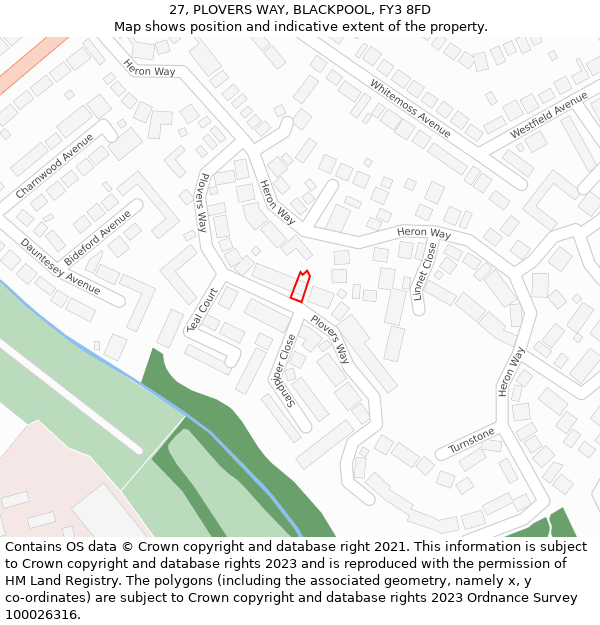 27, PLOVERS WAY, BLACKPOOL, FY3 8FD: Location map and indicative extent of plot