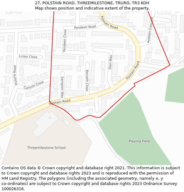 27, POLSTAIN ROAD, THREEMILESTONE, TRURO, TR3 6DH: Location map and indicative extent of plot