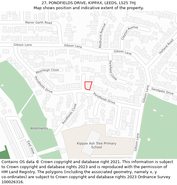 27, PONDFIELDS DRIVE, KIPPAX, LEEDS, LS25 7HJ: Location map and indicative extent of plot