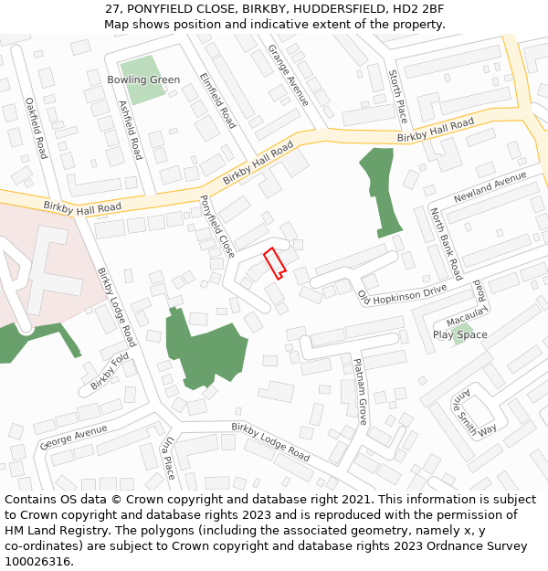 27, PONYFIELD CLOSE, BIRKBY, HUDDERSFIELD, HD2 2BF: Location map and indicative extent of plot