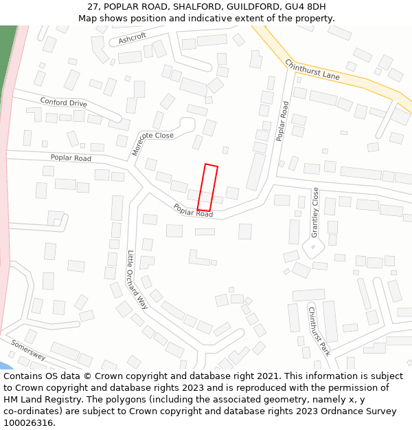 27, POPLAR ROAD, SHALFORD, GUILDFORD, GU4 8DH: Location map and indicative extent of plot