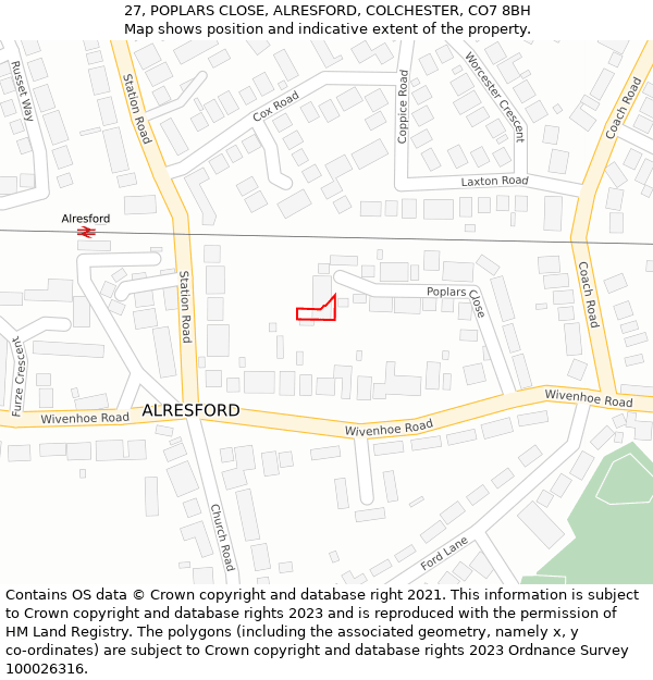 27, POPLARS CLOSE, ALRESFORD, COLCHESTER, CO7 8BH: Location map and indicative extent of plot