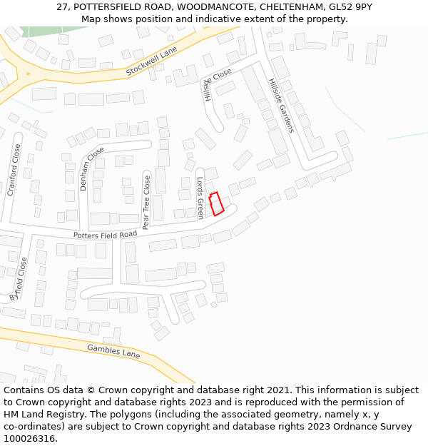 27, POTTERSFIELD ROAD, WOODMANCOTE, CHELTENHAM, GL52 9PY: Location map and indicative extent of plot