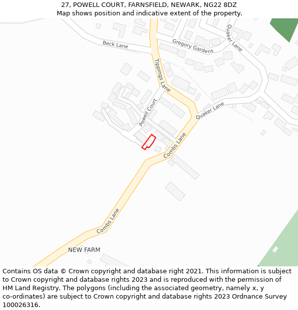27, POWELL COURT, FARNSFIELD, NEWARK, NG22 8DZ: Location map and indicative extent of plot