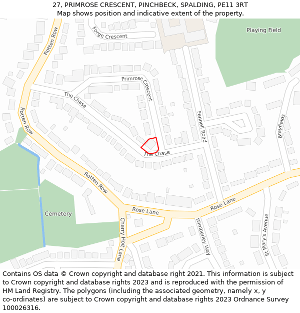 27, PRIMROSE CRESCENT, PINCHBECK, SPALDING, PE11 3RT: Location map and indicative extent of plot