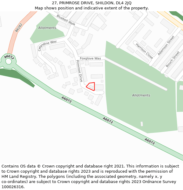 27, PRIMROSE DRIVE, SHILDON, DL4 2JQ: Location map and indicative extent of plot