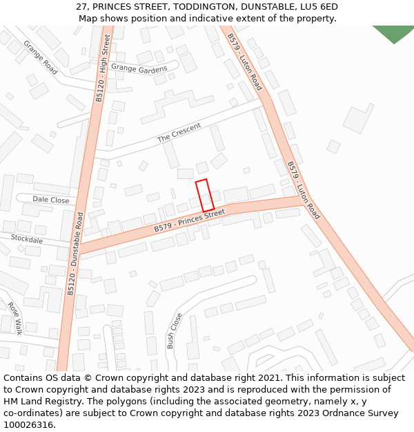 27, PRINCES STREET, TODDINGTON, DUNSTABLE, LU5 6ED: Location map and indicative extent of plot