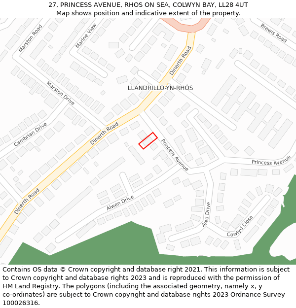 27, PRINCESS AVENUE, RHOS ON SEA, COLWYN BAY, LL28 4UT: Location map and indicative extent of plot