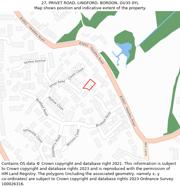 27, PRIVET ROAD, LINDFORD, BORDON, GU35 0YL: Location map and indicative extent of plot