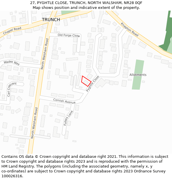 27, PYGHTLE CLOSE, TRUNCH, NORTH WALSHAM, NR28 0QF: Location map and indicative extent of plot