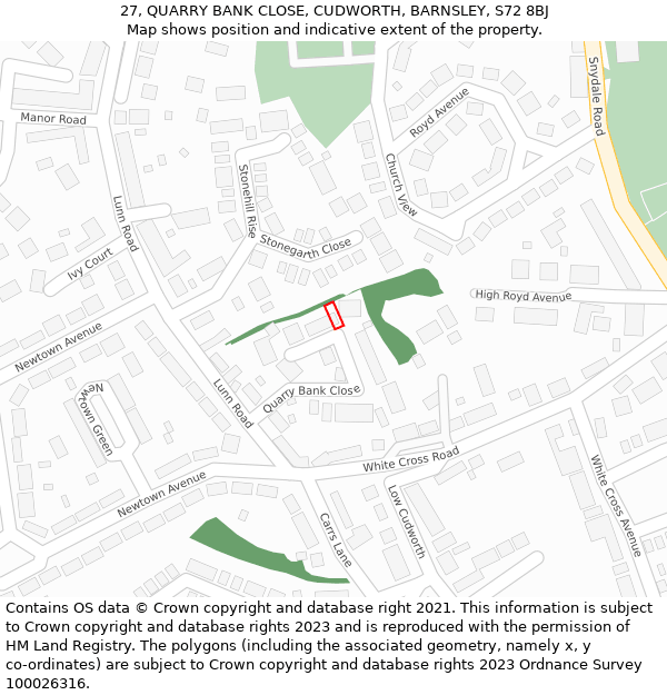 27, QUARRY BANK CLOSE, CUDWORTH, BARNSLEY, S72 8BJ: Location map and indicative extent of plot