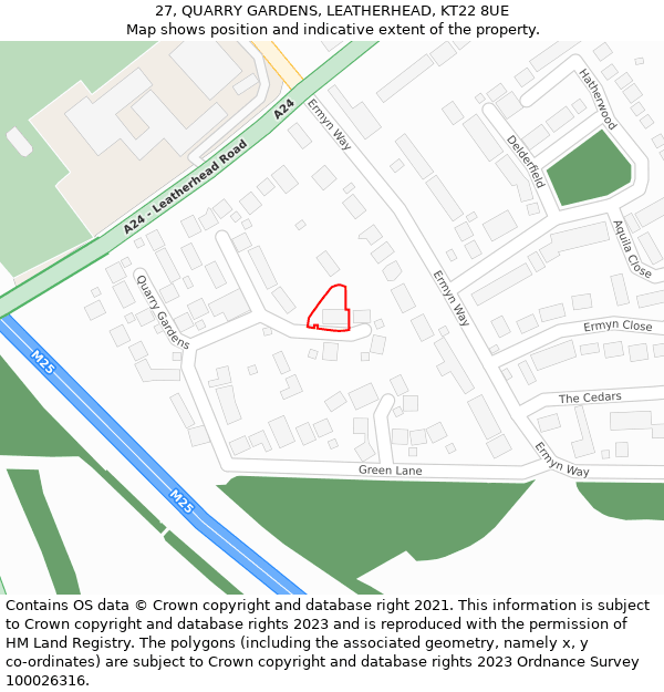 27, QUARRY GARDENS, LEATHERHEAD, KT22 8UE: Location map and indicative extent of plot