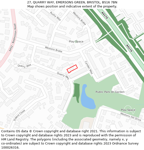 27, QUARRY WAY, EMERSONS GREEN, BRISTOL, BS16 7BN: Location map and indicative extent of plot