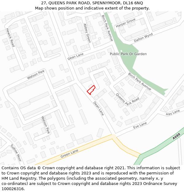 27, QUEENS PARK ROAD, SPENNYMOOR, DL16 6NQ: Location map and indicative extent of plot