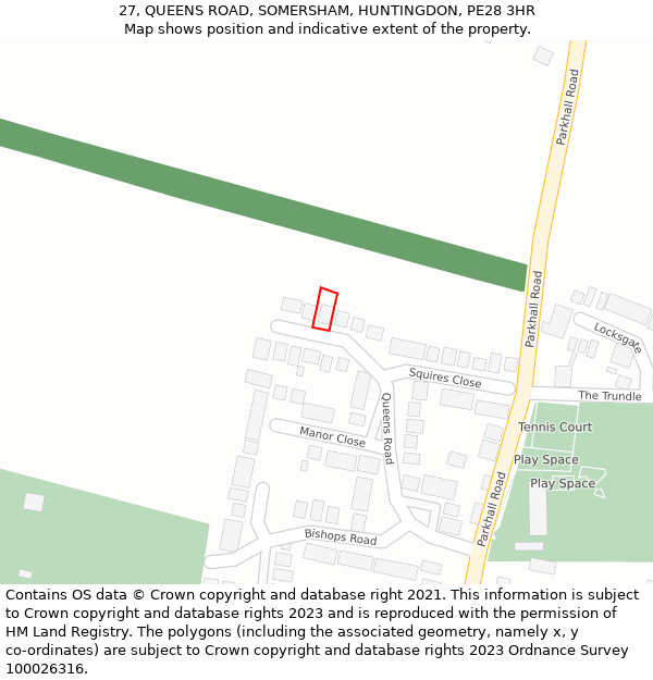 27, QUEENS ROAD, SOMERSHAM, HUNTINGDON, PE28 3HR: Location map and indicative extent of plot