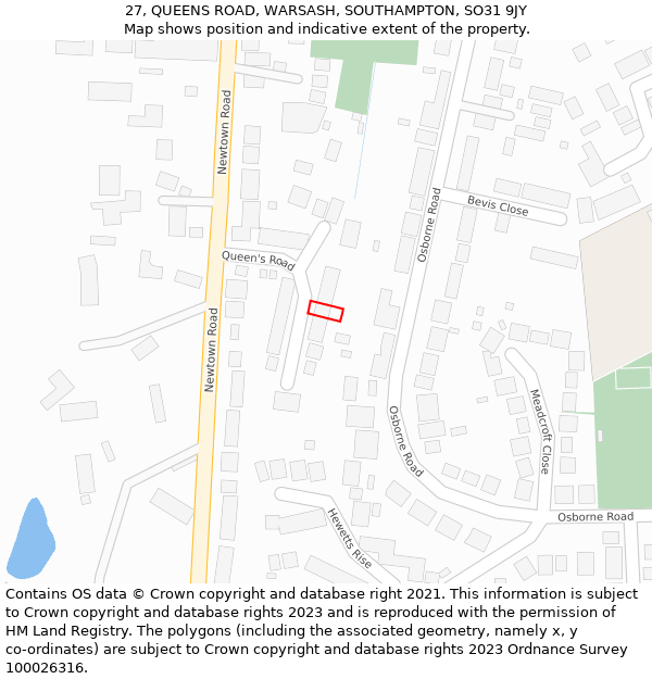 27, QUEENS ROAD, WARSASH, SOUTHAMPTON, SO31 9JY: Location map and indicative extent of plot