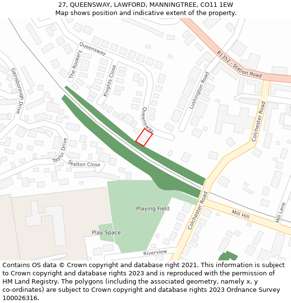 27, QUEENSWAY, LAWFORD, MANNINGTREE, CO11 1EW: Location map and indicative extent of plot