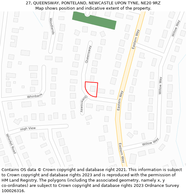 27, QUEENSWAY, PONTELAND, NEWCASTLE UPON TYNE, NE20 9RZ: Location map and indicative extent of plot