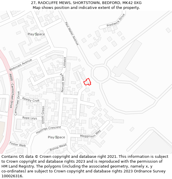 27, RADCLIFFE MEWS, SHORTSTOWN, BEDFORD, MK42 0XG: Location map and indicative extent of plot