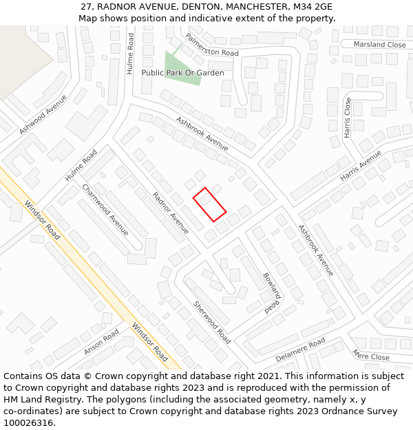 27, RADNOR AVENUE, DENTON, MANCHESTER, M34 2GE: Location map and indicative extent of plot