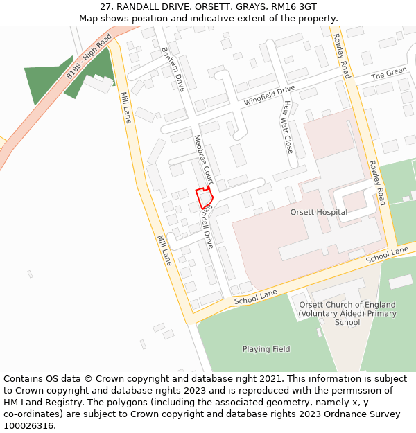 27, RANDALL DRIVE, ORSETT, GRAYS, RM16 3GT: Location map and indicative extent of plot