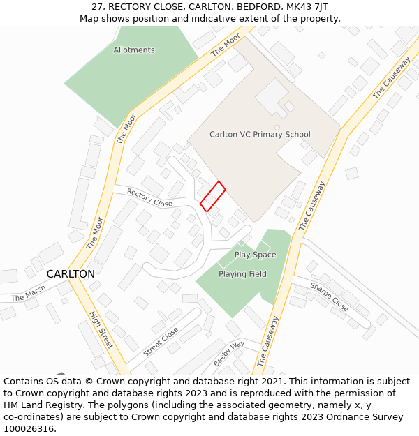 27, RECTORY CLOSE, CARLTON, BEDFORD, MK43 7JT: Location map and indicative extent of plot