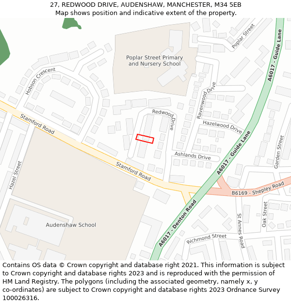 27, REDWOOD DRIVE, AUDENSHAW, MANCHESTER, M34 5EB: Location map and indicative extent of plot