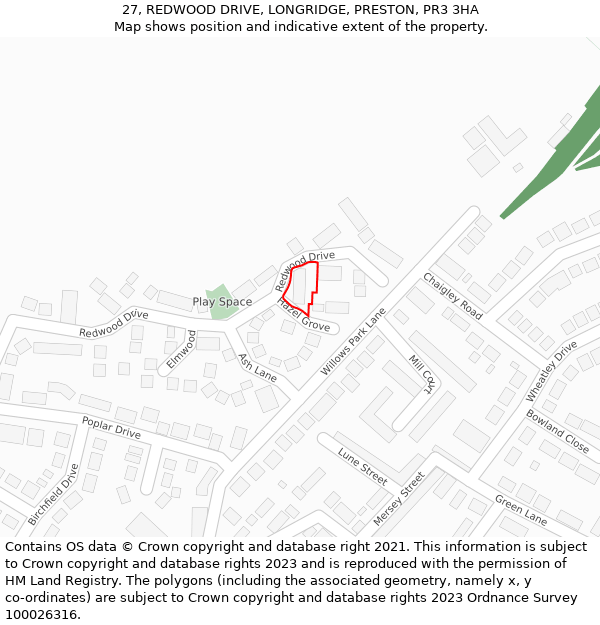 27, REDWOOD DRIVE, LONGRIDGE, PRESTON, PR3 3HA: Location map and indicative extent of plot