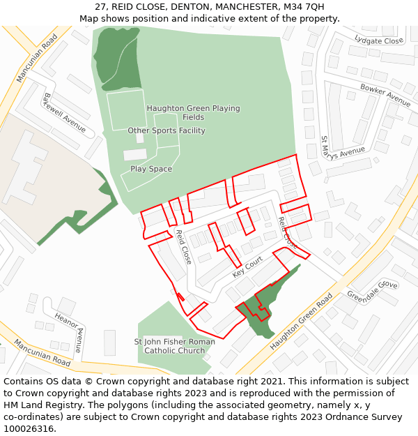 27, REID CLOSE, DENTON, MANCHESTER, M34 7QH: Location map and indicative extent of plot