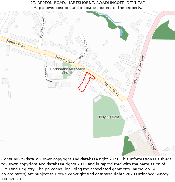 27, REPTON ROAD, HARTSHORNE, SWADLINCOTE, DE11 7AF: Location map and indicative extent of plot