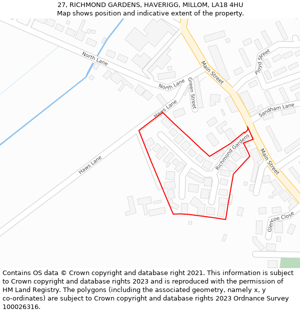 27, RICHMOND GARDENS, HAVERIGG, MILLOM, LA18 4HU: Location map and indicative extent of plot