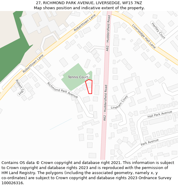 27, RICHMOND PARK AVENUE, LIVERSEDGE, WF15 7NZ: Location map and indicative extent of plot