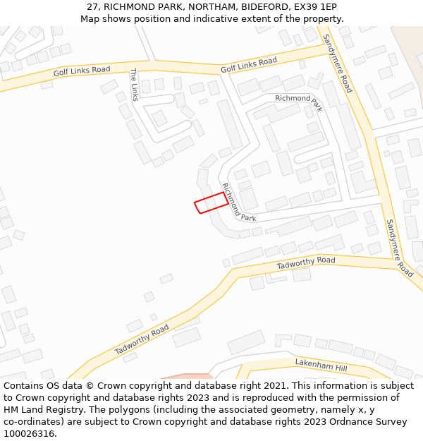 27, RICHMOND PARK, NORTHAM, BIDEFORD, EX39 1EP: Location map and indicative extent of plot