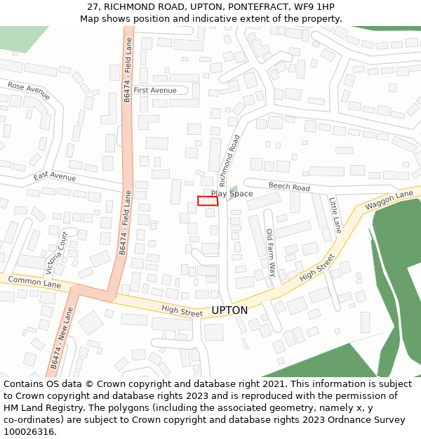 27, RICHMOND ROAD, UPTON, PONTEFRACT, WF9 1HP: Location map and indicative extent of plot