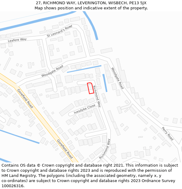 27, RICHMOND WAY, LEVERINGTON, WISBECH, PE13 5JX: Location map and indicative extent of plot